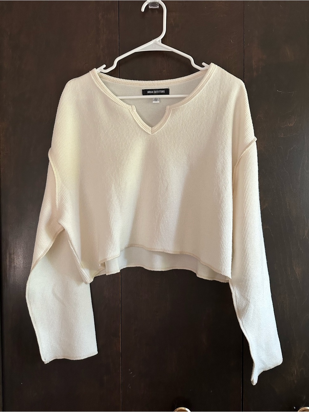 Urban Outfitters Cream Cropped Waffle V‑Neck Oversized Sweater